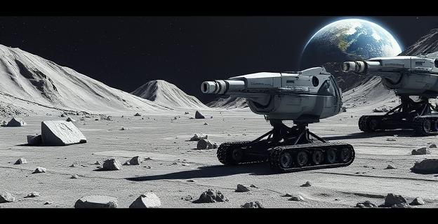 Imagen de una mina lunar con maquinaria robótica extrayendo regolito, con naves espaciales al fondo y la Tierra visible en el horizonte.