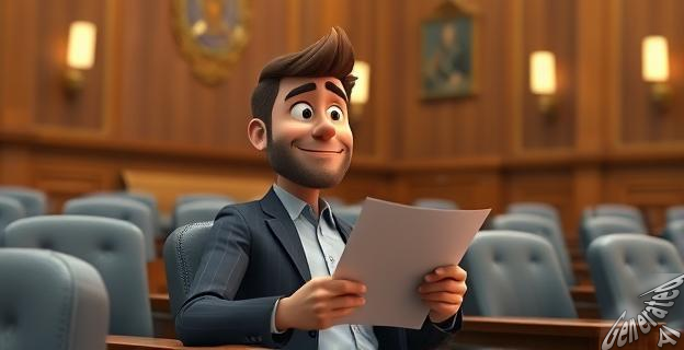 Una persona sentada en un tribunal, con un documento en mano, sonriendo levemente mientras mira al frente, con un fondo de una sala de juicio.