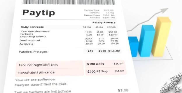 Imagen de una nómina con diferentes conceptos salariales resaltados, incluyendo complementos por nocturnidad y penosidad, con un gráfico de barras al fondo mostrando el incremento del SMI.