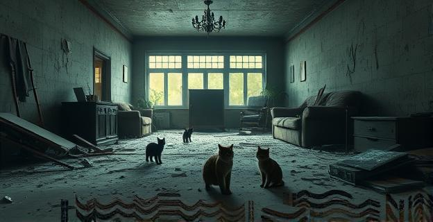 Una vista interior de una habitación en ruinas, con el suelo cubierto de suciedad y objetos dispersos, paredes manchadas y muebles rotos. La atmósfera es sombría y el aire parece denso de polvo y abandono. Se aprecian siluetas de gatos moviéndose entre los escombros, y un olor nauseabundo impregna el ambiente, representado por una neblina verdosa.