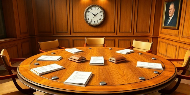 Una mesa redonda de madera en un salón de gobierno, con documentos abiertos, un mapa de España sobre el fondo y luces que resaltan la textura de la madera. Se ve un reloj de pared con las manecillas marcando la hora sin reflejar ningún rostro humano. La escena transmite tensión y deliberación política.