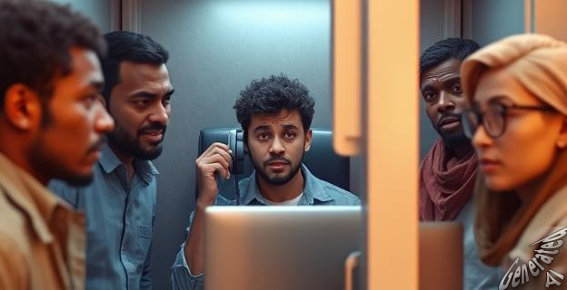 Una imagen de una persona en un locutorio, con un teléfono y una computadora, rodeada de personas de origen magrebí y sudamericano, con una expresión de estrés y desesperación en sus rostros.