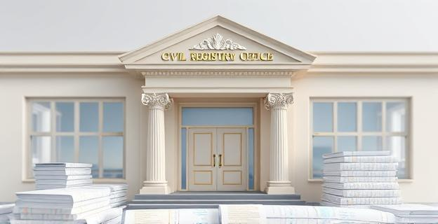 Oficina del Registro Civil con documentos y estadísticas