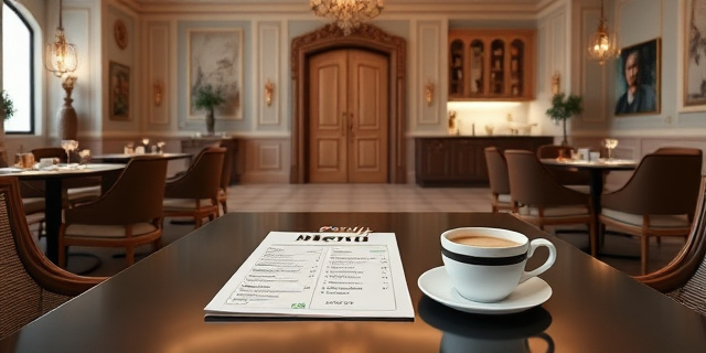 Una imagen de un comedor lujoso con mesas y sillas elegantes, con una cocina moderna al fondo. En la mesa, hay un menú del día con precios elevados y un café solo con un precio moderado. En el fondo, se ve una puerta con un letrero que dice 