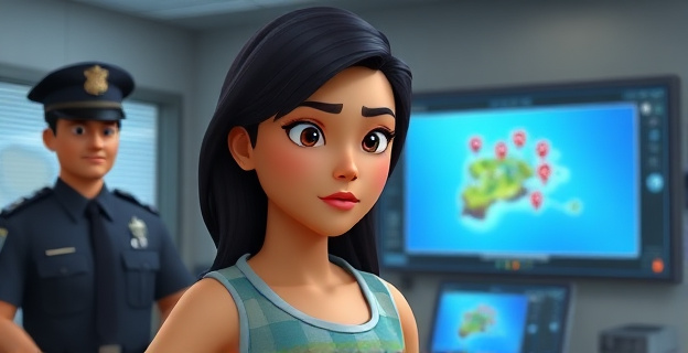 Una mujer de pie en una comisaría de policía, con una expresión de determinación, mientras un agente de policía la observa con atención. Al fondo, una pantalla de ordenador muestra un mapa de la isla con varios puntos marcados.