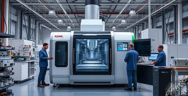Una imagen de una máquina de litografía UVE de alta apertura de ASML en una fábrica de semiconductores, con técnicos trabajando en su mantenimiento.