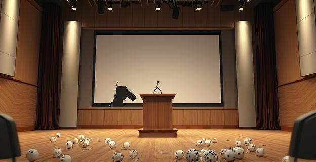 Una sala de presentaciones con una pantalla dañada detrás de un atril vacío, con restos de huevos en el suelo y una atmósfera tensa.