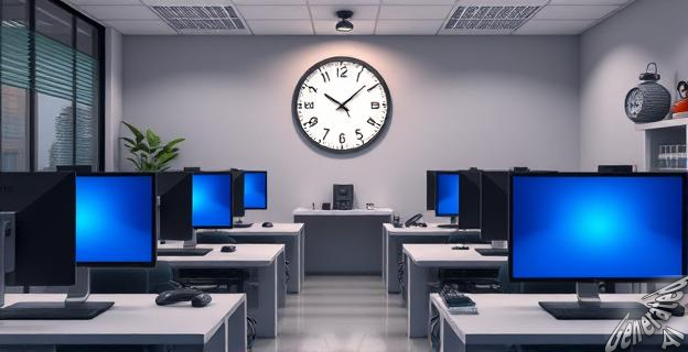 Oficina con pantallas de ordenador apagadas y un reloj en la pared marcando el final de la jornada laboral