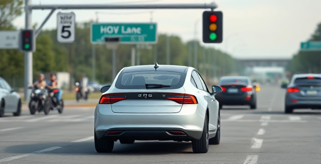 Imagen conceptual de un coche eléctrico detenido en un semáforo con un carril VAO al fondo, con múltiples ocupantes en otros vehículos pasando junto a él.