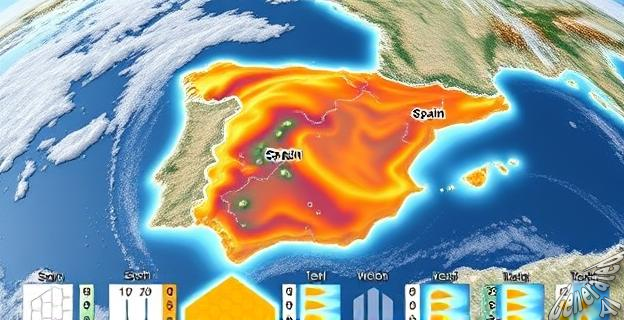 Una imagen de un mapa de España con un frente frío moviéndose hacia el sur, con temperaturas decreciendo de norte a sur.