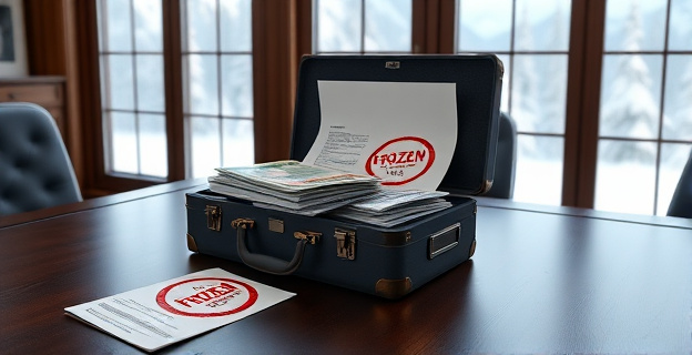 Una escena que muestra un maletín lleno de dinero y documentos importantes sobre una mesa de madera oscura, con un sello de 