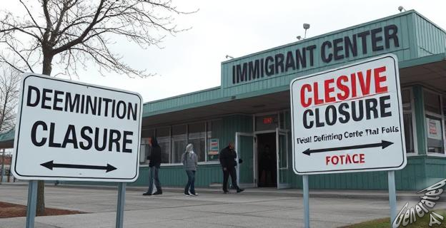 Imagen de un centro de inmigrantes con personas en el exterior, junto a un letrero que dice 