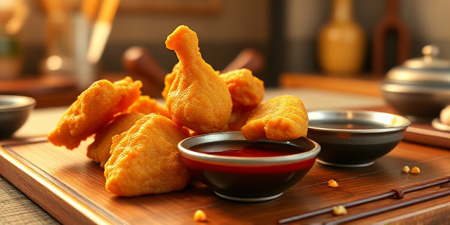 Una mesa de cocina tradicional con piezas de pollo frito dorado, salsa de gochujang brillante, ingredientes aromáticos como curry, maicena y mantequilla, fondo de utensilios de cocina y luces cálidas, sin rostros de personas reales.