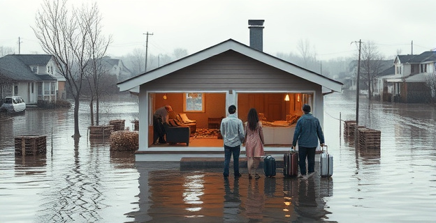 Una representación visual de una casa inundada con aguas turbias y escombros en el interior, con una familia esperando en el exterior con maletas y bolsas. Al fondo, un paisaje desolado de calles y edificios afectados por una inundación.