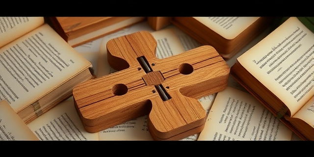 Una imagen de un sistema de encastre de madera, con una canaleta y una saliente, y una bisagra en el centro, rodeada de libros y papeles con palabras y frases escritas