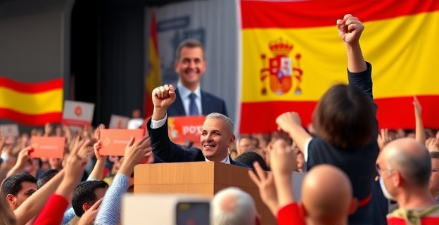 Una multitud en un mitin político con pancartas del PSOE ondeando, bajo un atril donde Zapatero habla apasionadamente con el puño en alto, mientras al fondo se ve una gran bandera de España y una imagen de Pedro Sánchez sonriendo y asintiendo.