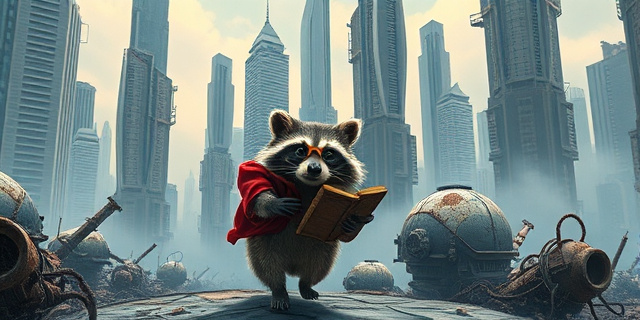 Una ilustración surrealista de estilo editorial. En primer plano, un mapache con gafas de detective y un libro antiguo bajo el brazo, caminando por una ciudad futurista donde los rascacielos flotan sobre una capa de basura tecnológica y artefactos alienígenas oxidados. Colores contrastados, atmósfera de novela negra ciberpunk con un toque irónico.