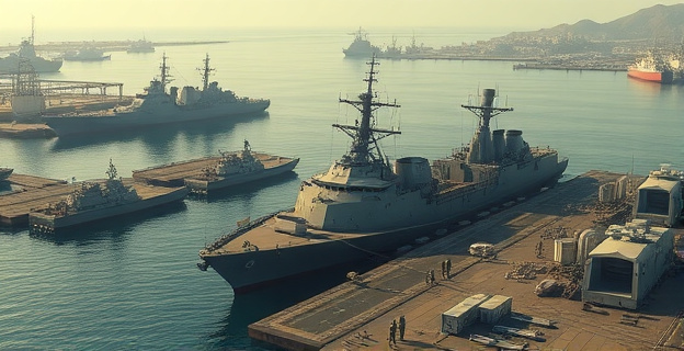Una base naval militar en un puerto español con buques de guerra estadounidenses atracados, rodeada de instalaciones de alta tecnología y personal militar en actividad.
