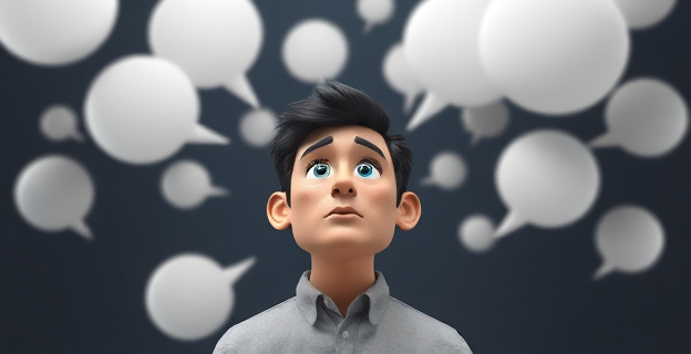 Una persona escuchando atentamente con varias burbujas de pensamiento alrededor representando ideas y conexiones cerebrales