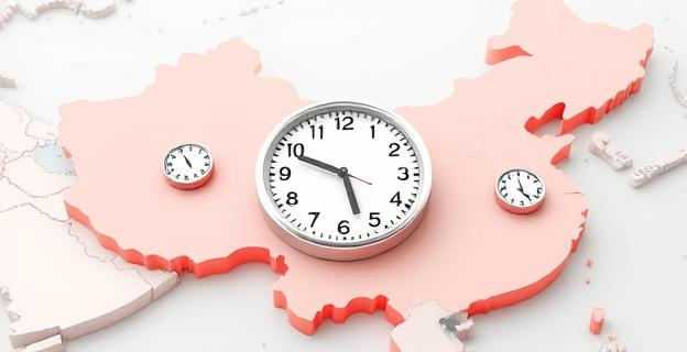 Un mapa de China mostrando diferentes regiones con relojes indicando distintos horarios locales junto a un gran reloj central que marca la hora de Pekín