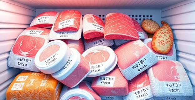 Imagen de una nevera llena de alimentos congelados con etiquetas de fecha y diferentes tipos de carnes y mariscos congelados