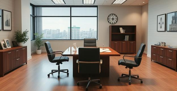 Una oficina con un escritorio y sillas vacías, con un ambiente serio y documentos relacionados con incapacidades laborales esparcidos por la mesa