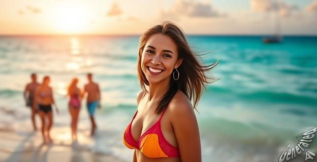 Irene Montero sonriendo en una playa de Menorca con el mar turquesa al fondo, posando en biquini y topless, con amigas al fondo disfrutando del atardecer.