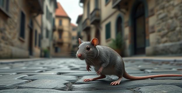 Imagen de una rata en un entorno urbano con edificios antiguos y calles empedradas