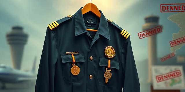 Una ilustración conceptual y satírica. Un uniforme de comisario de policía colgado en una percha dorada, donde las medallas han sido sustituidas por monedas de oro y llaves de parking VIP. De fondo, la silueta difuminada de una torre de control de aeropuerto y un mapa de las Islas Canarias, todo envuelto en una atmósfera de humo de cigarro y documentos oficiales tachados con sellos rojos de 