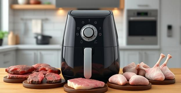 Imagen de una freidora de aire con diferentes tipos de carne alrededor: solomillo, chuletón, bistec de lomo, muslos y pechugas de pollo, costillas y piernas de cordero. En el fondo, una cocina moderna con electrodomésticos.
