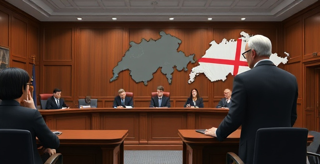 Una escena judicial en Ginebra con un tribunal y un abogado defendiendo a una empresaria francesa acusada de blanqueo de capitales. Al fondo, un mapa de Suiza y una imagen de una cuenta bancaria bloqueada.