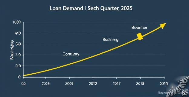 Un gráfico mostrando la evolución de la demanda de préstamos en el segundo trimestre de 2025, con flechas indicando el estancamiento en el segmento de empresas y consumo, y una flecha hacia abajo en el segmento de hipotecas.