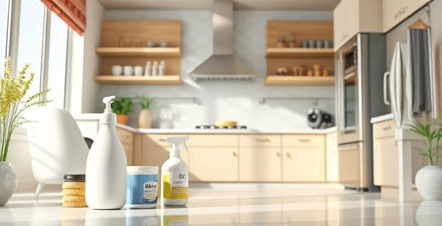 Imagen de una cocina limpia con electrodomésticos brillantes y textiles frescos, con vinagre blanco y otros productos de limpieza en primer plano.