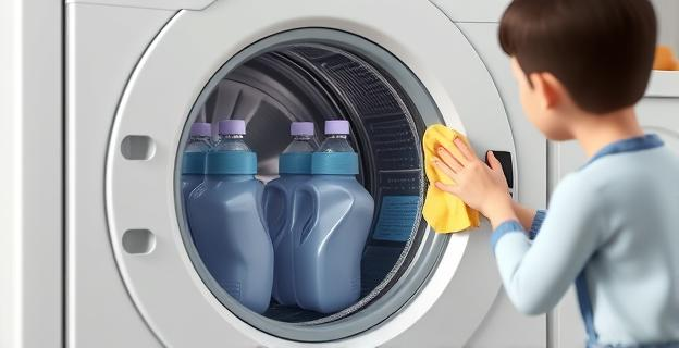 Una lavadora con botellas de agua dentro y una persona limpiando las gomas alrededor de la puerta con un paño húmedo