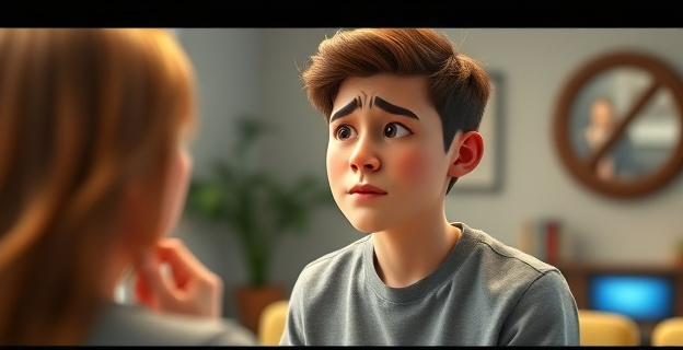 Una representación artística de un hombre joven tartamudeando y sudando frente a una mujer atractiva en un entorno de redes sociales, con elementos visuales que reflejan ansiedad y comparación.