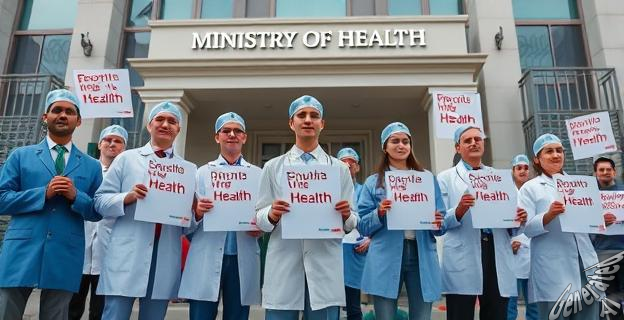 Una imagen de un grupo de personas con batas blancas y gorros de médicos, con carteles de protesta en mano, frente a un edificio del Ministerio de Sanidad.