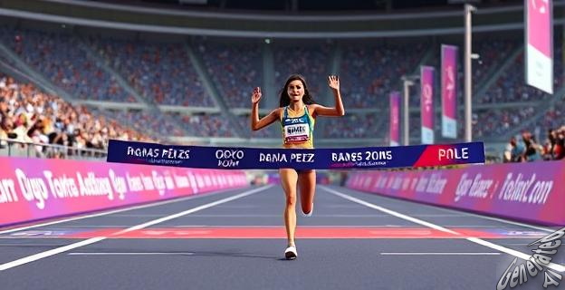 María Pérez corriendo en solitario en la prueba de 20 km marcha en el Mundial de Atletismo en Tokio 2025, con un gesto de victoria al cruzar la meta.