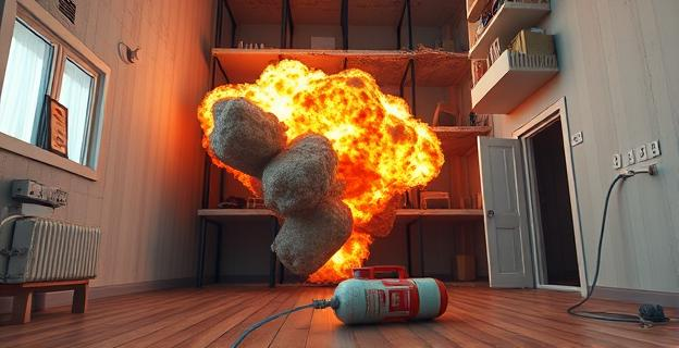 Una explosión en un edificio de apartamentos con daños visibles en la estructura y una bolsa de gas butano vacía en el suelo