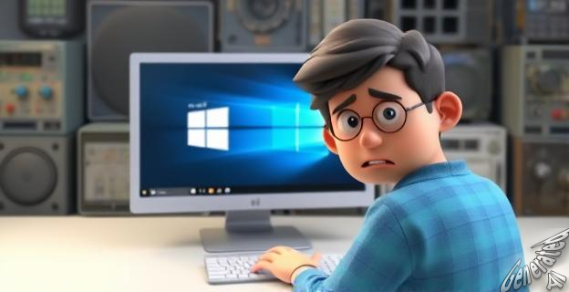 Ilustración de una persona frente a una computadora con una pantalla de Windows 10, con una expresión de preocupación y un fondo de dispositivos obsoletos.