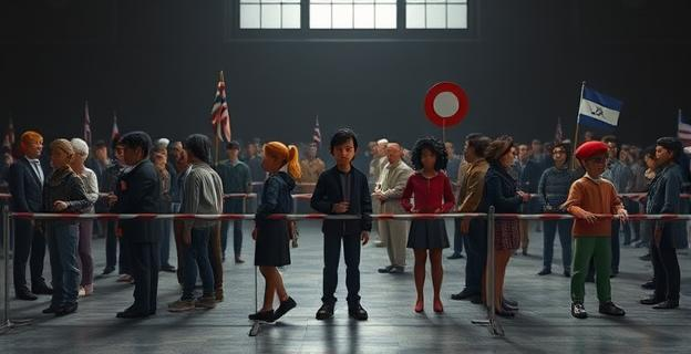 Una imagen que representa la división social y la intolerancia, con múltiples personas de diferentes orígenes étnicos y culturales separados por barreras simbólicas, en un entorno sombrío y tenso.