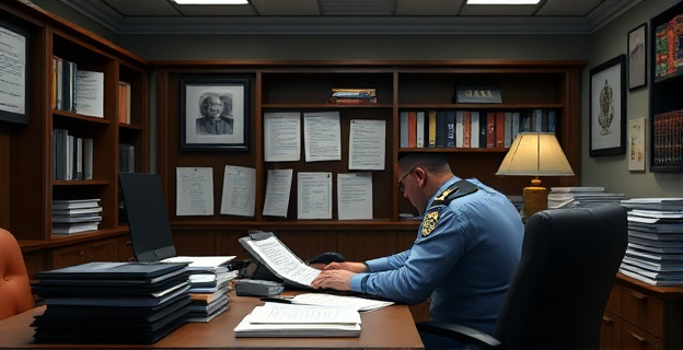Imagen de un comisario de policía en una oficina con documentos y archivos relacionados con operaciones de vigilancia en saunas y conexiones políticas