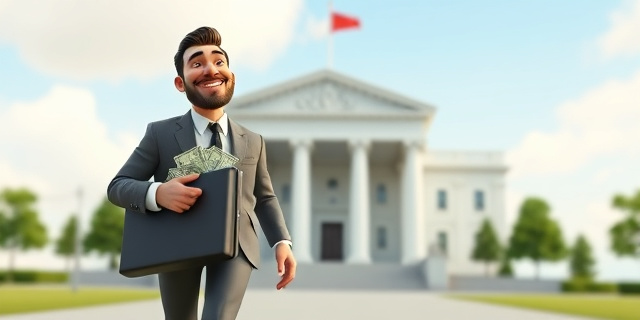 Un hombre con una maleta llena de dinero caminando hacia un edificio del gobierno, con una sonrisa en su rostro