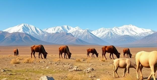 Imagen de una meseta con herbívoros pastando y muestras de heces en primer plano, con un fondo de montañas nevadas y un cielo azul claro.