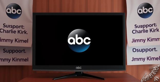 Imagen de una pantalla de televisión apagada con el logo de ABC y Jimmy Kimmel en el centro, rodeado de pancartas con mensajes de apoyo a Charlie Kirk.