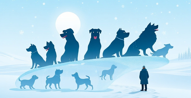 Una ilustración de nueve siluetas de perros de diferentes tamaños y formas, cada una dentro de una burbuja de hielo o rodeada de copos de nieve, con expresiones que denotan frío. Al fondo, un paisaje invernal nevado con un sol pálido. Los colores son fríos, predominando los azules, blancos y grises. Una silueta de una persona con un abrigo se vislumbra a lo lejos, observando a los perros.