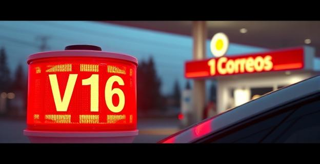 Imagen de una baliza de emergencia V16 junto a un vehículo en una gasolinera de Correos con un letrero de venta