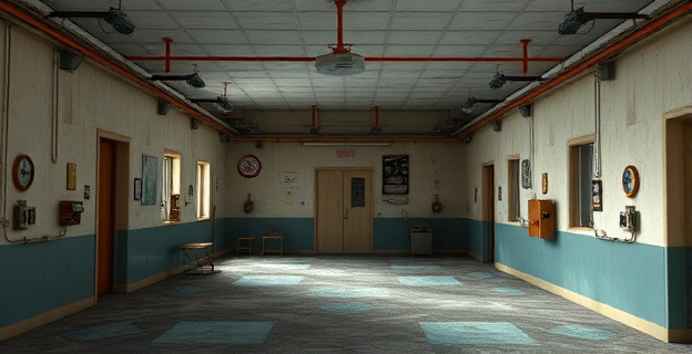 Imagen de una comisaría o centro penitenciario en mal estado, con materiales de construcción deteriorados y equipamiento antiguo.