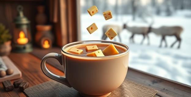 Imagen de un vaso de café con trozos de queso flotando, en un entorno rústico y acogedor con elementos nórdicos como madera y lámparas de aceite. En el fondo, un paisaje nevado con renos pastando.