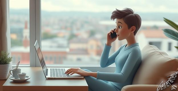 Una imagen de una persona trabajando desde casa con un ordenador portátil y un teléfono móvil, con un fondo de una ciudad o un pueblo, representando el teletrabajo en la Administración pública.