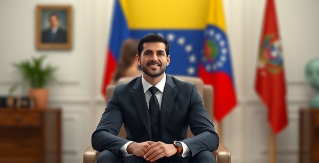Un hombre trajeado sentado frente a una mujer en un despacho oficial con bandera de Venezuela al fondo